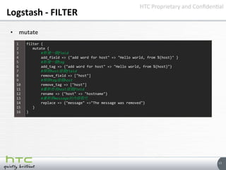 13
Logstash - FILTER
• mutate
filter {
mutate {
#新增一個field
add_field => {"add word for host" => "Hello world, from %{host}...