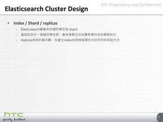 23
Elasticsearch Cluster Design
• Index / Shard / replicas
– Elasticsearch最基本的儲存單位為 shard
– 當設定多於一個儲存單位時，會有演算法決定要將資料存在哪個地方...