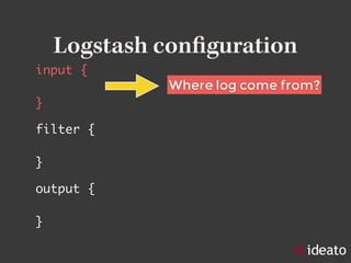 Logstash conﬁguration
input {	
!
}
filter {	
!
}
output {	
!
}
Where will be stored?
How we threat them ?
Where log come f...