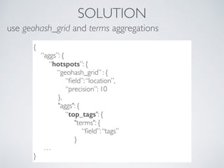 SOLUTION
use geohash_grid and terms aggregations
{
“aggs”: {
“hotspots”: {
“geohash_grid” : {
“ﬁeld”:“location”,
“precision”: 10
},
"aggs": {
“top_tags": {
"terms": {
“ﬁeld”:“tags”
}
…
}
 