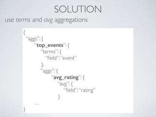 SOLUTION
{
“aggs”: {
“top_events”: {
“terms”: {
“ﬁeld”:“event”
},
“aggs”: {
“avg_rating”: {
“avg”: {
“ﬁeld”:“rating”
}
…
}
use terms and avg aggregations
 