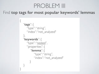 PROBLEM III
{
“tags”: {
“type”:“string”,
“index”:“not_analyzed"
},
“keywords”: {
“type”:“nested”,
“properties”: {
“lemma”: {
“type”:“string”,
“index”:“not_analyzed"
}
}
}
Find top tags for most popular keywords’ lemmas
 