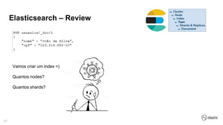 17
Elasticsearch – Review
Vamos criar um index =)
Quantos nodes?
Quantos shards?
 