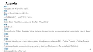2
Agenda
8:00
Recepção, lista de presença e café.
8:30
Boas vindas, cronograma e brindes.
8:40
Muito EL pouco K – Luís Antônio Nunes.
9:10
Elastic Stack: Flexibilidade para superar desafios – Thiago Diniz.
9:45
Coffe Break
10:15
Como utilizamos ELK em Cloud para coletar dados de clientes onpremise sem agentes nativos- Lucas Boeing e Murilo Garcia
10:50
Chopp.
11:00
Análise de fluxos de rede e machine learning para detecção de anomalias com ELK – Rodrigo Pescador e Rodrigo Bongers.
11:45
Análises da situação socioeconômica empresarial do Brasil com Elasticsearch – Fernanda Cadori Maffioletti.
12:30
Sorteio dos Brindes e Foto final.
 