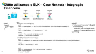 22
Como utilizamos o ELK – Case Nexxera - Integração
Financeira
input {
beats {
port => 5044
}
filter {
if "integracao-financeira" in [tags] {
grok {
match => { "[log][file][path]" => "%{PATH}%{DATA:[wm][file][type]}-%{DATA:[wm][tenant][namespace]}-" }
}
grok {
match => { "[log][file][path]" => "(?<wm.extension>.[^.]*$)" }
}
mutate {
rename => ["[wm.extension]", "[wm][file][extension]"]
uppercase => ["[wm][tenant][namespace]"]
}
} else if "log-integracao-financeira" in [tags] {
grok {
match => { "message" => "%{TIMESTAMP_ISO8601:[wm][timestamp]}] %{DATA:[wm][log][pid]} %{NOTSPACE:[wm][log][level]}" }
}
mutate {
add_field => { "[wm][file][type]" => "log" }
}
date {
match => [ "[wm][timestamp]", "YYYY-MM-dd HH:mm:ss", "ISO8601" ]
target => "[wm][timestamp]"
timezone => "Etc/UTC"
}
output {
if "integracao-financeira" in [tags] {
elasticsearch {
hosts => ["http://localhost:9200"]
index => "integracao-financeira-
%{+YYYY}"
 