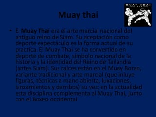 Muay thai
• El Muay Thai era el arte marcial nacional del
  antiguo reino de Siam. Su aceptación como
  deporte espectáculo es la forma actual de su
  practica. El Muay Thai se ha convertido en
  deporte de combate, símbolo nacional de la
  historia y la identidad del Reino de Tailandia
  (antes Siam). Sus raíces están en el Muay Boran,
  variante tradicional y arte marcial (que inluye
  figuras, técnicas a mano abierta, luxaciones,
  lanzamientos y derribos) su vez; en la actualidad
  esta disciplina complementa al Muay Thai, junto
  con el Boxeo occidental
 