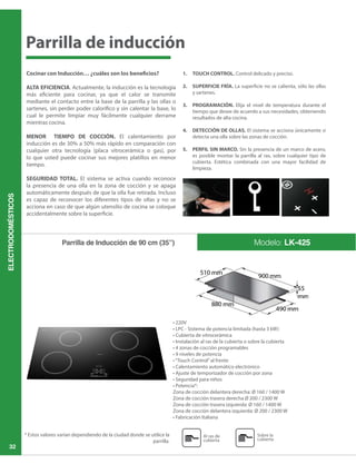 ELECTRODOMÉSTICOS
32
Modelo: LK-425Parrilla de Inducción de 90 cm (35”)
Cocinar con Inducción… ¿cuáles son los beneficios?
ALTA EFICIENCIA. Actualmente, la inducción es la tecnología
más eficiente para cocinar, ya que el calor se transmite
mediante el contacto entre la base de la parrilla y las ollas o
sartenes, sin perder poder calorífico y sin calentar la base, lo
cual le permite limpiar muy fácilmente cualquier derrame
mientras cocina.
MENOR TIEMPO DE COCCIÓN. El calentamiento por
inducción es de 30% a 50% más rápido en comparación con
cualquier otra tecnología (placa vitrocerámica o gas), por
lo que usted puede cocinar sus mejores platillos en menor
tiempo.
SEGURIDAD TOTAL. El sistema se activa cuando reconoce
la presencia de una olla en la zona de cocción y se apaga
automáticamente después de que la olla fue retirada. Incluso
es capaz de reconocer los diferentes tipos de ollas y no se
acciona en caso de que algún utensilio de cocina se coloque
accidentalmente sobre la superficie.
TOUCH CONTROL. Control delicado y preciso.
SUPERFICIE FRÍA. La superficie no se calienta, sólo las ollas
y sartenes.
PROGRAMACIÓN. Elija el nivel de temperatura durante el
tiempo que desee de acuerdo a sus necesidades, obteniendo
resultados de alta cocina.
DETECCIÓN DE OLLAS. El sistema se acciona únicamente si
detecta una olla sobre las zonas de cocción.
PERFIL SIN MARCO. Sin la presencia de un marco de acero,
es posible montar la parrilla al ras, sobre cualquier tipo de
cubierta. Estética combinada con una mayor facilidad de
limpieza.
1.
2.
3.
4.
5.
* Estos valores varían dependiendo de la ciudad donde se utilice la
parrilla.
Al ras de
cubierta
Sobre la
cubierta
Parrilla de inducción
 
