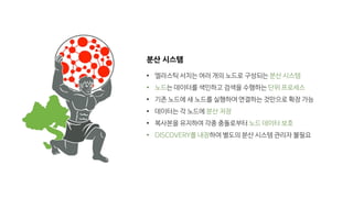 분산 시스템
• 엘라스틱 서치는 여러 개의 노드로 구성되는 분산 시스템
• 노드는 데이터를 색인하고 검색을 수행하는 단위 프로세스
• 기존 노드에 새 노드를 실행하여 연결하는 것만으로 확장 가능
• 데이터는 각 노드에 분산 저장
• 복사본을 유지하여 각종 충돌로부터 노드 데이터 보호
• DISCOVERY를 내장하여 별도의 분산 시스템 관리자 불필요
 