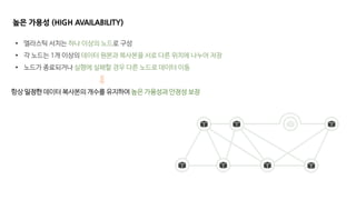 높은 가용성 (HIGH AVAILABILITY)
• 엘라스틱 서치는 하나 이상의 노드로 구성
• 각 노드는 1개 이상의 데이터 원본과 복사본을 서로 다른 위치에 나누어 저장
• 노드가 종료되거나 실행에 실패할 경우 다른 노드로 데이터 이동
항상 일정한 데이터 복사본의 개수를 유지하여 높은 가용성과 안정성 보장
 