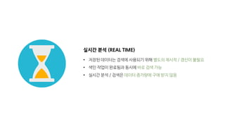 실시간 분석 (REAL TIME)
• 저장된 데이터는 검색에 사용되기 위해 별도의 재시작 / 갱신이 불필요
• 색인 작업이 완료됨과 동시에 바로 검색 가능
• 실시간 분석 / 검색은 데이터 증가량에 구애 받지 않음
 