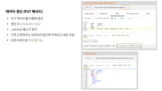데이터 갱신 (PUT 메서드)
• PUT 메서드를 이용해 갱신
• 갱신 시 created는 false
• _version 필드가 증가
• 기존 도큐먼트는 보관되지 않으며 삭제되고 새로 쓰임
• 이전 버전으로 변경 불가능
[ PUT 메서드를 이용해 데이터 갱신 ]
[ 갱신 후 조회]
 