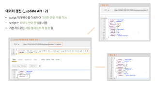 데이터 갱신 (_update API - 2)
• script 매개변수를 이용하여 다양한 연산 적용 가능
• script는 MVEL 언어 문법을 사용
• 기본적으로는 사용 불가능하게 설정 됨
[ 갱신 전 ]
[ _script 매개변수를 이용한 갱신 ]
[ 갱신 후 ]
 
