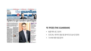 더 가디언 (THE GUARDIAN)
• 방문객의 로그 분석
• SOCIAL 데이터 생성 및 분석으로 실시간 응대
• 기사에 대한 반응 분석
 