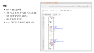 정렬
• sort 매개변수를 사용
• 기본적으로 결과는 점수 값을 기준으로 정렬
• 기본적인 정렬 방식은 오름차순
• 검색 정렬 기준을 변경
• sort={필드명}:{정렬방식} 형태로 지정
[ sort 매개변수를 사용하여 정렬 ]
 