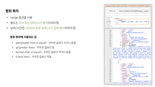 [ pages 필드 값이 50이상, 150미만인 도큐먼트 검색 ]
범위 쿼리
• range 옵션을 사용
• 필드는 숫자 또는 날짜/시간 형식이어야 함
• 날짜/시간은 JSON의 표준 날짜/시간 입력 형식이어야 함
범위 쿼리에 사용되는 값
• gte(greater than or equal) : 주어진 값보다 크거나 같음
• gt(greater than) : 주어진 값보다 큼
• lte(less than or equal) : 주어진 값보다 작거나 같음
• lt(less than) : 주어진 값보다 작음
 
