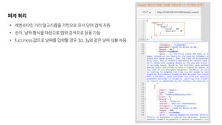 [ pages 필드의 값을 100을 기준으로 +/- 20 범위 검색 ]
퍼지 쿼리
• 레벤슈타인 거리 알고리즘을 기반으로 유사 단어 검색 지원
• 숫자, 날짜 형식을 대상으로 범위 검색으로 응용 가능
• fuzziness 값으로 날짜를 입력할 경우 3d, 3y와 같은 날짜 심볼 사용
 
