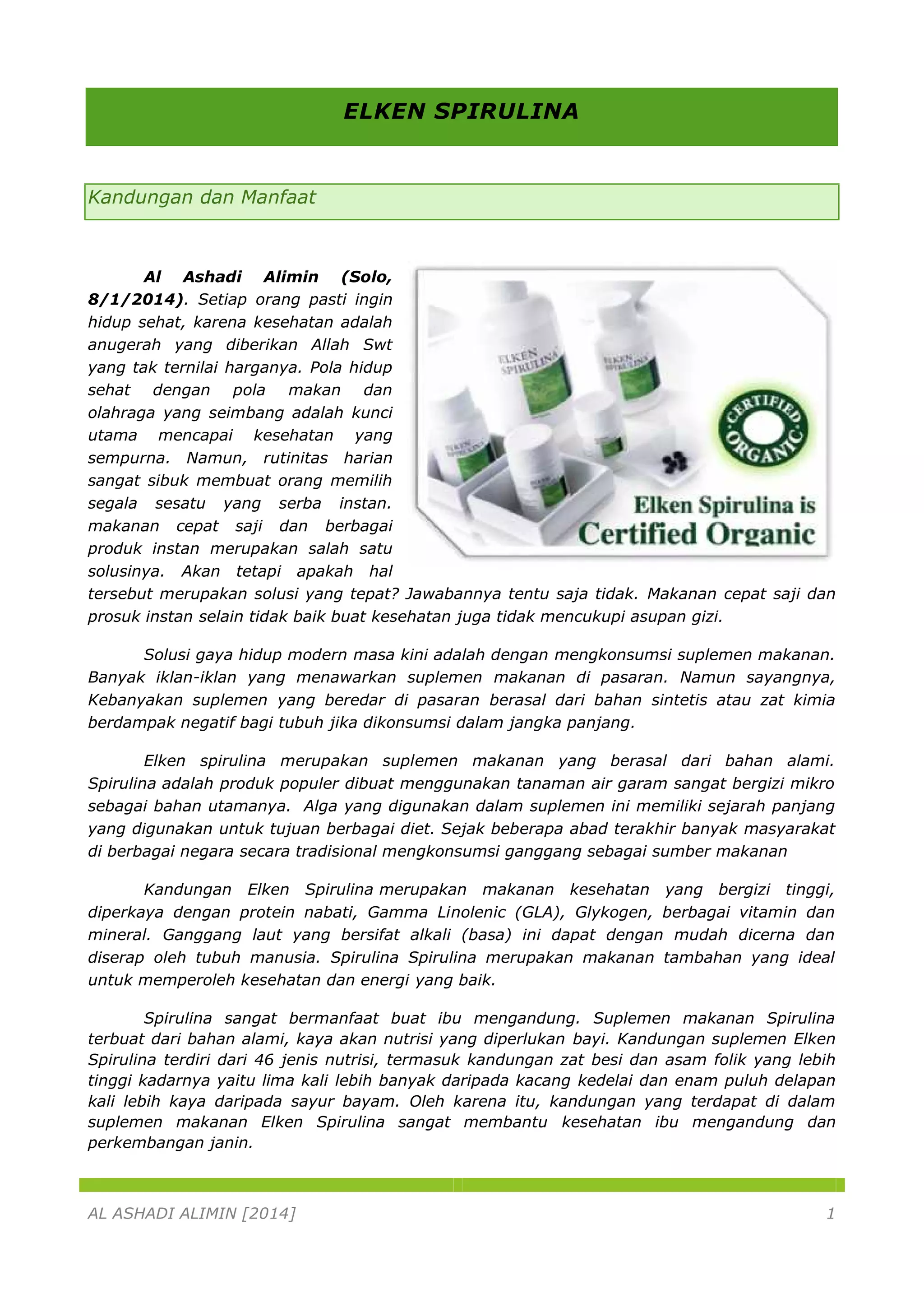 Elken Ao2 Elken spirulina kandungan dan manfaat | PDF