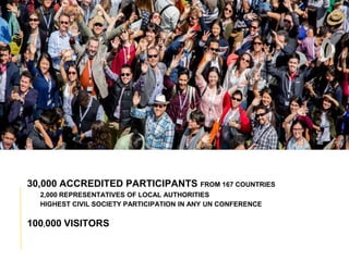30,000 ACCREDITED PARTICIPANTS FROM 167 COUNTRIES
2,000 REPRESENTATIVES OF LOCAL AUTHORITIES
HIGHEST CIVIL SOCIETY PARTICIPATION IN ANY UN CONFERENCE
100,000 VISITORS
 