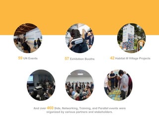 59 UN Events 57 Exhibition Booths
And over 460 Side, Networking, Training, and Parallel events were
organized by various partners and stakeholders.
42 Habitat III Village Projects
 