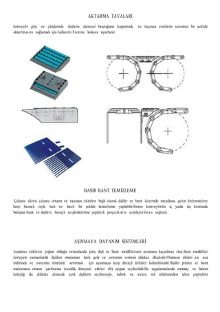 AKTARMA TAVALARI
Konveyör giriş ve çıkışlarında dişlilerin dairesel boşluğunu kapatmak ve taşınan cisimlerin sarsıntısız bir şekilde
aktarılmasını sağlamak için kullanılır.Sisteme kolayca uyarlanır.
HASIR BANT TEMİZLEME
Çalışma süresi çalışma ortamı ve taşınan cisimlere bağlı olarak dişliler ve bant üzerinde meydana gelen kirlenmelere
karşı basınçlı suyla hızlı ve basit bir şekilde temizleme yapılabilir.Sistem konveyörün iç yada dış kısmında
bulunur.Bant ve dişlilere basınçlı su püskürtme yapılarak parçacıkların uzaklaştırılması sağlanır.
AŞINMAYA DAYANIM SİSTEMLERİ
Aşındırıcı etkilerin yoğun olduğu ortamlarda pim, dişli ve bant modüllerinin aşınması kaçınılmaz olur.Bant modülleri
ilerleyen zamanlarda dişlilere oturamaz hale gelir ve sistemin verimini oldukça düşürür.Olumsuz etkileri en aza
indirmek ve sistemin ömrünü artırmak için aşınmaya karşı dirençli ürünler kullanılmalıdır.Dişliler pimler ve bant
malzemesi ortam şartlarına (sıcaklık, kimyasal etkiler vb) uygun seçilmelidir.Bu uygulamalarda montaj ve bakım
kolaylığı da dikkate alınarak ayrık dişlilerin seçilmesiyle, tahrik ve avara mil sökülmeden işlem yapılabilir
 