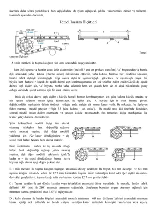 üzerinde daha sonra yapılabilecek bazı değişikliklere de uyum sağlayacak şekilde tasarlanması zaman ve malzeme
tasarrufu açısından önemlidir.
Temel Tasarım Ölçütleri
tasarım ölçütleri
A : milin merkezi ile taşıma kızağının üst kısmı arasındaki düşey uzaklıktır.
Temel
Bant-Dişli uyumu ve bantlar arası ürün aktarımları (end-off / end-on product transfers) “A” boyutundan ve bantla
dişli arasındaki şaha kalkma (chordal action) miktarından etkilenir. Şaha kalkma, banttaki her modülün sırasının,
bandın tahrik dişlisiyle uyumluluğuyla veya avara dişlisi ile uyumsuzluğuyla yükselmesi ve alçalmasıyla oluşur. Bu,
büyük bant hatvesi / küçük diş açıklık dairesi çapı kombinasyonunda en çok telaffuz edilen etkidir.Küçük diş açıklık
dairesi çaplı dişliler için, “A” boyutu, bandın şaha kalkmanin hem en yüksek hem de en alçak noktalarında yatay
olduğu durumda işaret edilmesi için bir aralık olarak verilir.
Büyük diş açıklık dairesi çaplı dişliler / küçük hatveli bantlar kombinasyonları için şaha kalkma küçük olmakta ve
izin verilen tolerans sınırları içinde kalmaktadır. Bu dişliler için, “A” boyutu için bir aralık atamak gerekli
değildir.Modülün merkezinin dişlinin üstünde olduğu anda aralığın alt sınırına karar verilir. Bu noktada, bu ilerleyen
(lider) oturmuş modül yataydır (“Figür 3-3 Şaha kalkma – alt aralık”). Bu modül sırası dişli üzerinde döndükçe,
sonraki modül sıraları dişlilere oturmakta ve yatayın üstüne taşımaktadır. Sıra tamamen dişliye oturduğunda ise
tekrar yatay duruma dönmektedir.
Şaha kalkma:Bant modülü dişliye tam olarak
oturmuş haldeyken bant doğrusallığı sağlanıp
yatak montajı yapılırsa, dişli diğer modülü
yakalamak için 1/2z kadar döndüğünde(z = diş
sayısı) bant hatve boyuna bağlı olarak yükselir.
Bant modülünün mafsalı iki diş arasında olduğu
halde, bant doğrusallığı sağlanıp yatak montajı
yapılırsa, dişli diğer modülü yakalamak için1/2z
kadar (z = diş sayısı) döndüğünde bantta hatve
boyuna bağlı olarak aşağı doğru çekme olur.
B : milin merkezi ile taşıma kızağının başlangıcı arasındaki düşey uzaklıktır. Bu boyut, 6,4 mm desteğe ve 6,4 mm
aşınma kızağına müsaade eden bir 12.7 mm kalınlıktaki taşıma zinciri kullanıldığını kabul eder.Eğer dişliler arasındaki
destekler genişletilirse, taşıma kızağı milin merkezinin içinden 12.7 mm genişletilebilir
C : Taşıma kızakları ile geri dönüş kızakları veya tekerlekleri arasındaki düşey mesafedir. Bu mesafe, bandın tahrik
dişlilerini 180˚ (min) ile 210˚ arasında sarmasını sağlamalıdır. Listelenen boyutlar uygun oturmayı sağlamak için
minimum sarma gereksinimi olan 180˚’yi sağlayacaktır.
D : Kafes elemanı ile bandın köşeleri arasındaki mesafe minimum 6,0 mm dir.Kenar kafesleri arasındaki minimum
kenar açıklığı not edilmelidir ve bandın çalışma sıcaklığına karar verilmelidir. Konveyör tasarlarken veya sipariş
 