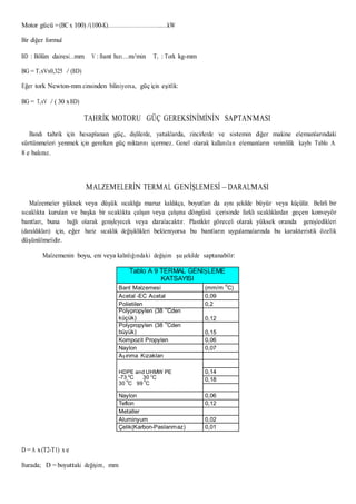 Motor gücü =(BC x 100) /(100-K)……………………………...…kW
Bir diğer formul
BD : Bölüm dairesi…mm V : Bant hızı….m/min T1 : Tork kg-mm
BG = T1xVx0,325 / (BD)
Eğer tork Newton-mm cinsinden biliniyorsa, güç için eşitlik:
BG = T1xV / ( 30 xBD)
TAHRİK MOTORU GÜÇ GEREKSİNİMİNİN SAPTANMASI
Bandı tahrik için hesaplanan güç, dişlilerde, yataklarda, zincirlerde ve sistemin diğer makine elemanlarındaki
sürtünmeleri yenmek için gereken güç miktarını içermez. Genel olarak kullanılan elemanların verimlilik kaybı Tablo A
8 e bakınız.
MALZEMELERİN TERMAL GENİŞLEMESİ – DARALMASI
Malzemeler yüksek veya düşük sıcaklığa maruz kaldıkça, boyutları da aynı şekilde büyür veya küçülür. Belirli bir
sıcaklıkta kurulan ve başka bir sıcaklıkta çalışan veya çalışma döngüsü içerisinde farklı sıcaklıklardan geçen konveyör
bantları, buna bağlı olarak genişleyecek veya daralacaktır. Plastikler göreceli olarak yüksek oranda genişledikleri
(daraldıkları) için, eğer bariz sıcaklık değişiklikleri bekleniyorsa bu bantların uygulamalarında bu karakteristik özellik
düşünülmelidir.
Malzemenin boyu, eni veya kalınlığındaki değişim şu şekilde saptanabilir:
Tablo A 9 TERMAL GENİŞLEME
KATSAYISI
Bant Malzemesi (mm/m
o
C)
Acetal -EC Acetal 0,09
Polietilen 0,2
Polypropylen (38
o
Cden
küçük) 0,12
Polypropylen (38
o
Cden
büyük) 0,15
Kompozit Propylen 0,06
Naylon 0,07
Aşınma Kızakları
HDPE and UHMW PE
o o
-73 C 30 C
30
o
C 99
o
C
0,14
0,18
Naylon 0,06
Teflon 0,12
Metaller
Aluminyum 0,02
Çelik(Karbon-Paslanmaz) 0,01
D = A x(T2-T1) x e
Burada; D = boyuttaki değişim, mm
 