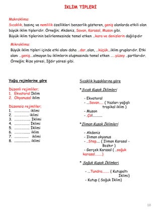 İKLİM TİPLERİMakroklima:Sıcaklık,basınç ve nemliliközellikleri benzerlik gösteren, geniş alanlarda etkili olan büyük iklim tipleridir. Örneğin; Akdeniz, Savan, Karasal, Muson gibi.Büyük iklim tiplerinin belirlenmesinde temel etken …kara ve denizlerindağılışıdırMikroklima: Büyük iklim tipleri içinde etki alanı daha …dar..olan, …küçük...iklim gruplarıdır. Etki alanı …geniş….olmayan bu iklimlerin oluşmasında temel etken ……yüzey ..şartlarıdır. Örneğin; Rize yöresi, Iğdır yöresi gibi.Yağış rejimlerine göreDüzenli rejimliler;Ekvatoral İklimOkyanusal iklimDüzensiz rejimliler;………………. iklimi……………… iklimi……………….. İklimi………………. İklimi………………. İklimi…………....... iklim………………   iklimi.................. iklimi10Sıcaklık kuşaklarınagöre*SıcakKuşakİklimleri    - Ekvatoral    - ...Savan.....( Yazlarıyağışlıtropikaliklim )    - Muson    - .Çöl...........*IlımanKuşakİklimleri    - Akdeniz    - Ilımanokyanus    - ..Step.... ( IlımanKarasal -Bozkır )    - GerçekKarasal ( ..soğuk   karasal........)* SoğukKuşakİklimleri     - ...Tundra........( Kutupaltıİklimi)     - Kutup ( Soğukİklim)
