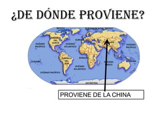 ¿DE DÓNDE PROVIENE?
PROVIENE DE LA CHINA
 