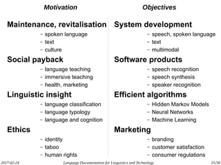 2017-02-24 Language Documentation for Linguistics and Technology 25/58
Motivation Objectives
Maintenance, revitalisation
– spoken language
– text
– culture
Social payback
– language teaching
– immersive teaching
– health, marketing
Linguistic insight
– language classification
– language typology
– language and cognition
Ethics
– identity
– taboo
– human rights
System development
– speech, spoken language
– text
– multimodal
Software products
– speech recognition
– speech synthesis
– speaker recognition
Efficient algorithms
– Hidden Markov Models
– Neural Networks
– Machine Learning
Marketing
– branding
– customer satisfaction
– consumer regulations
 