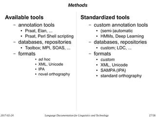2017-02-24 Language Documentation for Linguistics and Technology 27/58
Methods
Available tools
– annotation tools
● Praat, Elan, ...
● Praat, Perl Shell scripting
– databases, repositories
● Toolbox; MPI, SOAS, ...
– formats
● ad hoc
● XML, Unicode
● IPA
● novel orthography
Standardized tools
– custom annotation tools
● (semi-)automatic
● HMMs, Deep Learning
– databases, repositories
● custom; LDC, ...
– formats
● custom
● XML, Unicode
● SAMPA (IPA)
● standard orthography
 