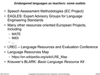 2017-02-24 Language Documentation for Linguistics and Technology 29/58
Endangered languages as teachers: some outlets
● Speech Assessment Methodologies (EC Project)
● EAGLES: Expert Advisory Groups for Language
Engineering Standards
● Many other resources oriented European Projects,
including
– MATE
– IMDI
– ...
● LREC – Language Resources and Evaluation Conference
● Language Resources Map
– https://en.wikipedia.org/wiki/LRE_Map
● Krauwer’s BLARK: Basic Language Resource Kit
 