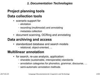 2017-02-24 Language Documentation for Linguistics and Technology 4/58
1. Documentation Technologies
Project planning tools
Data collection tools
● scenario support for
– elicitation
– recording (multimodal) and annotating
– metadata collection
● document scanning, OCRing and annotating
Data archiving and access
● standardized database and search models
– relational, object-oriented, ...
Multilinear annotation
● for search, re-use analysis, application:
– sharable (sustainable, interoperable) standards
– annotation categories for phonetics, grammar, discourse, …
– semi-automatic annotation methods
 