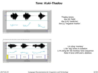 2017-02-24 Language Documentation for Linguistics and Technology 42/58
Tone: Kuki-Thadou
Thadou tones:
lów (H) ‘field’,
l wǒ (LH) ‘medicine’,
lòw (L) ‘negative marker’.
LH zŏng ‘monkey’
L lèn ‘big’ tones in isolation
L+H zòng lén 'bit monkey' tone sequence
Note H tone shift and L deletion.
 