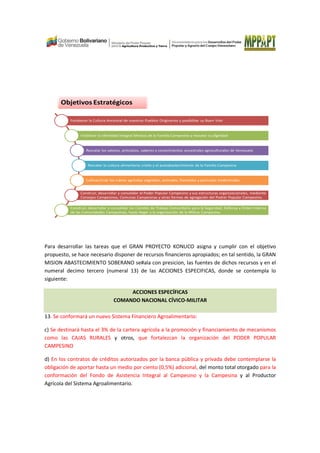 Fortalecer la Cultura Ancestral de nuestros Pueblos Originarios y posibilitar su Buen Vivir
Visibilizar la Identidad Integral Mestiza de la Familia Campesina y rescatar su dignidad
Rescatar los valores, principios, saberes y conocimientos ancestrales agroculturales de Venezuela
Rescatar la cultura alimentaria criolla y el autoabastecimiento de la Familia Campesina
Cultivar/criar los rubros agrícolas vegetales, animales, forestales y piscícolas tradicionales
Construir, desarrollar y consolidar el Poder Popular Campesino y sus estructuras organizacionales, mediante
Consejos Campesinos, Comunas Campesinas y otras formas de agregación del Podrer Popular Campesino.
Construir, desarrollar y consolidar los Comités de Trabajo Comunitario para la Seguridad, Defensa y Orden Interno
de las Comunidades Campesinas, hasta llegar a la organización de la Milicia Campesina.
Objetivos Estratégicos
Para desarrollar las tareas que el GRAN PROYECTO KONUCO asigna y cumplir con el objetivo
propuesto, se hace necesario disponer de recursos financieros apropiados; en tal sentido, la GRAN
MISION ABASTECIMIENTO SOBERANO se#ala con presicion, las fuentes de dichos recursos y en el
numeral decimo tercero (numeral 13) de las ACCIONES ESPECIFICAS, donde se contempla lo
siguiente:
ACCIONES ESPECÍFICAS
COMANDO NACIONAL CÍVICO-MILITAR
13. Se conformará un nuevo Sistema Financiero Agroalimentario:
c) Se destinará hasta el 3% de la cartera agrícola a la promoción y financiamiento de mecanismos
como las CAJAS RURALES y otros, que fortalezcan la organización del PODER POPULAR
CAMPESINO
d) En los contratos de créditos autorizados por la banca pública y privada debe contemplarse la
obligación de aportar hasta un medio por ciento (0,5%) adicional, del monto total otorgado para la
conformación del Fondo de Asistencia Integral al Campesino y la Campesina y al Productor
Agrícola del Sistema Agroalimentario.
 