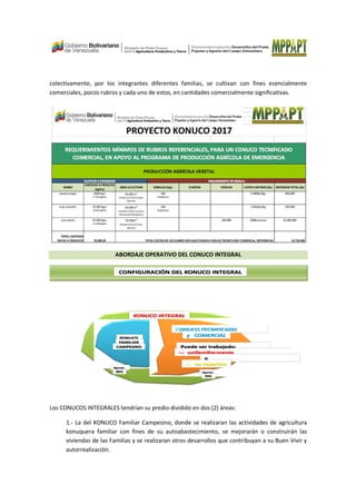 colectivamente, por los integrantes diferentes familias, se cultivan con fines esencialmente
comerciales, pocos rubros y cada uno de estos, en cantidades comercialmente significativas.
ABORDAJE OPERATIVO DEL CONUCO INTEGRAL
CONFIGURACIÓN DEL KONUCO INTEGRAL
KONUCO INTEGRAL
KONUCO
FAMILIAR
CAMPESINO
CONUCO TECNIFICADO
y COMERCIAL
Puede ser trabajado:
--- unifamiliarmente
o
--- en colectivo
Aprox.
30% Aprox.
70%
Los CONUCOS INTEGRALES tendrían su predio dividido en dos (2) áreas:
1.- La del KONUCO Familiar Campesino, donde se realizaran las actividades de agricultura
konuquera familiar con fines de su autoabastecimiento, se mejorarán o construirán las
viviendas de las Familias y se realizaran otros desarrollos que contribuyan a su Buen Vivir y
autorrealización.
 