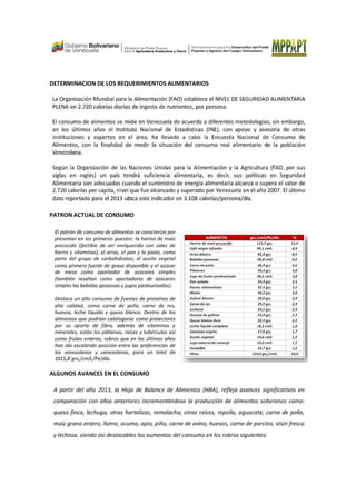 DETERMINACION DE LOS REQUERIMIENTOS ALIMENTARIOS
PATRON ACTUAL DE CONSUMO
ALGUNOS AVANCES EN EL CONSUMO
 