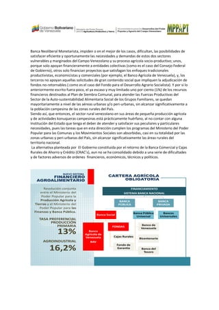 Banca Neoliberal Monetarista, impiden o en el mejor de los casos, dificultan, las posibilidades de
satisfacer eficiente y oportunamente las necesidades y demandas de estos dos sectores
vulnerables y marginados del Campo Venezolano y su proceso agrícola socio-productivo; unos,
porque solo apoyan financieramente a entidades colectivas (como es el caso del Consejo Federal
de Gobierno), otros solo financian proyectos que satisfagan los enfoques tradicionales
productivistas, economicistas y comerciales (por ejemplo, el Banco Agrícola de Venezuela), y, los
terceros no apoyan aquellas solicitudes de gran contenido social que impliquen la adjudicación de
fondos no-retornables ( como es el caso del Fondo para el Desarrollo Agrario Socialista). Y por si lo
anteriormente escrito fuera poco, el ya escaso y muy limitado uno por ciento (1%) de los recursos
financieros destinados al Plan de Siembra Comunal, para atender las Fuerzas Productivas del
Sector de la Auto-sustentabilidad Alimentaria Social de los Grupos Familiares, se quedan
mayoritariamente a nivel de las aéreas urbanas y/o peri-urbanas, sin alcanzar significativamente a
la población campesina de las zonas rurales del País.
Siendo así, que entonces, el sector rural venezolano en sus áreas de pequeña producción agrícola
y de actividades konuqueras campesinas está prácticamente huérfano, al no contar con alguna
Institución del Estado que tenga el deber de atender y satisfacer sus peculiares y particulares
necesidades, pues las tareas que en esta dirección cumplen los programas del Ministerio del Poder
Popular para las Comunas y los Movimientos Sociales son absorbidas, casi en su totalidad por las
zonas urbanas y peri-urbanas del País, sin alcanzar significativamente las áreas rurales del
territorio nacional.
La alternativa planteada por El Gobierno constituida por el retorno de la Banca Comercial y Cajas
Rurales de Ahorro y Crédito (CRAC’s), aun no se ha consolidado debido a una serie de dificultades
y de factores adversos de ordenes financieros, económicos, técnicos y políticos.
CARTERA AGRÍCOLA
OBLIGATORIA
NUEVO SISTEMA
FINANCIERO
AGROALIMENTARIO
FINANCIAMIENTO
SISTEMA BANCA NACIONAL
BANCA
PÚBLICA
Banca Social
Banco
Agrícola de
Venezuela
BAV
FONDAS
Cajas Rurales
Fondo de
Garantía
Banca Pública
Universal
Banco de
Venezuela
Bicentenario
Banco del
Tesoro
BANCA
PRIVADA
Bancos
Universales
Resolución conjunta
entre el Ministerio del
Poder Popular para la
Producción Agrícola y
Tierras y el Ministerio del
Poder Popular para las
Finanzas y Banca Pública.
TASA PREFERENCIAL
PRODUCCIÓN
PRIMARIA
13%
AGROINDUSTRIAL
16,2%
 