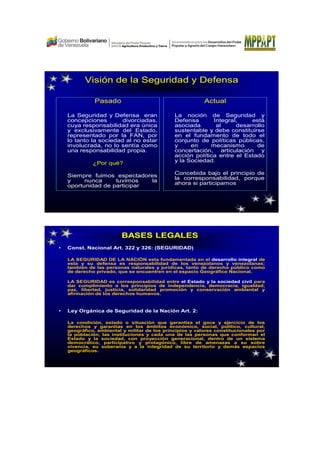 Visión de la Seguridad y Defensa
Pasado
La Seguridad y Defensa eran
concepciones divorciadas,
cuya responsabilidad era única
y exclusivamente del Estado,
representado por la FAN, por
lo tanto la sociedad al no estar
involucrada, no lo sentía como
una responsabilidad propia.
¿Por qué?
Siempre fuimos espectadores
y nunca tuvimos la
oportunidad de participar
Actual
La noción de Seguridad y
Defensa Integral, está
asociada al desarrollo
sustentable y debe constituirse
en el fundamento de todo el
conjunto de políticas públicas,
y en mecanismo de
concertación, articulación y
acción política entre el Estado
y la Sociedad.
Concebida bajo el principio de
la corresponsabilidad, porque
ahora si participamos
• Const. Nacional Art. 322 y 326: (SEGURIDAD)
LA SEGURIDAD DE LA NACIÓN esta fundamentada en el desarrollo integral de
esta y su defensa es responsabilidad de los venezolanos y venezolanas;
también de las personas naturales y jurídicas, tanto de derecho público como
de derecho privado, que se encuentren en el espacio Geográfico Nacional.
LA SEGURIDAD es corresponsabilidad entre el Estado y la sociedad civil para
dar cumplimiento a los principios de independencia, democracia, igualdad,
paz, libertad, justicia, solidaridad promoción y conservación ambiental y
afirmación de los derechos humanos.
• Ley Orgánica de Seguridad de la Nación Art. 2:
La condición, estado o situación que garantiza el goce y ejercicio de los
derechos y garantías en los ámbitos económico, social, político, cultural,
geográfico, ambiental y militar de los principios y valores constitucionales por
la población, las instituciones y cada una de las personas que conforman el
Estado y la sociedad, con proyección generacional, dentro de un sistema
democrático, participativo y protagónico, libre de amenazas a su sobre
vivencia, su soberanía y a la integridad de su territorio y demás espacios
geográficos.
BASES LEGALES
 
