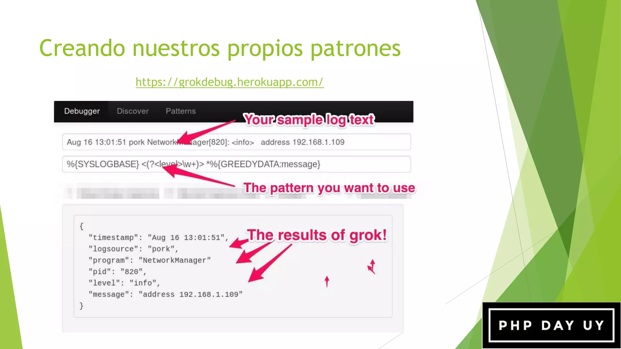 Creando nuestros propios patrones
https://grokdebug.herokuapp.com/
 