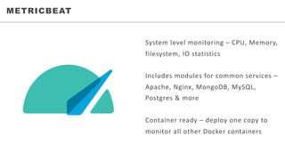 • WHO	WE	SERVEMETRICBEAT
System	level	monitoring	– CPU,	Memory,	
filesystem,	IO	statistics
Includes	modules	for	common	services	–
Apache,	Nginx,	MongoDB,	MySQL,	
Postgres	&	more
Container	ready	– deploy	one	copy	to	
monitor	all	other	Docker	containers
 