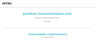 INTRO
jonathan_hammant@epam.com
Head	of	Cloud	&	DevOps	UK	&	EU
email	me.
www.epam.com/careers
our	careers	portal.
 