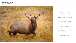 WHY ELK?
Easy	 to	 setu p
Massive ly	 Powe rfu l
Scale s	 ve r y	 we ll
Op e n sou rce
Availab le 	 as	 a	 se r vice
10	 min u te 	 setu p
 