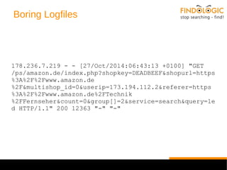 Boring Logfiles 
178.236.7.219 - - [27/Oct/2014:06:43:13 +0100] "GET 
/ps/amazon.de/index.php?shopkey=DEADBEEF&shopurl=https 
%3A%2F%2Fwww.amazon.de 
%2F&multishop_id=0&userip=173.194.112.2&referer=https 
%3A%2F%2Fwww.amazon.de%2FTechnik 
%2FFernseher&count=0&group[]=2&service=search&query=le 
d HTTP/1.1" 200 12363 "-" "-" 
 