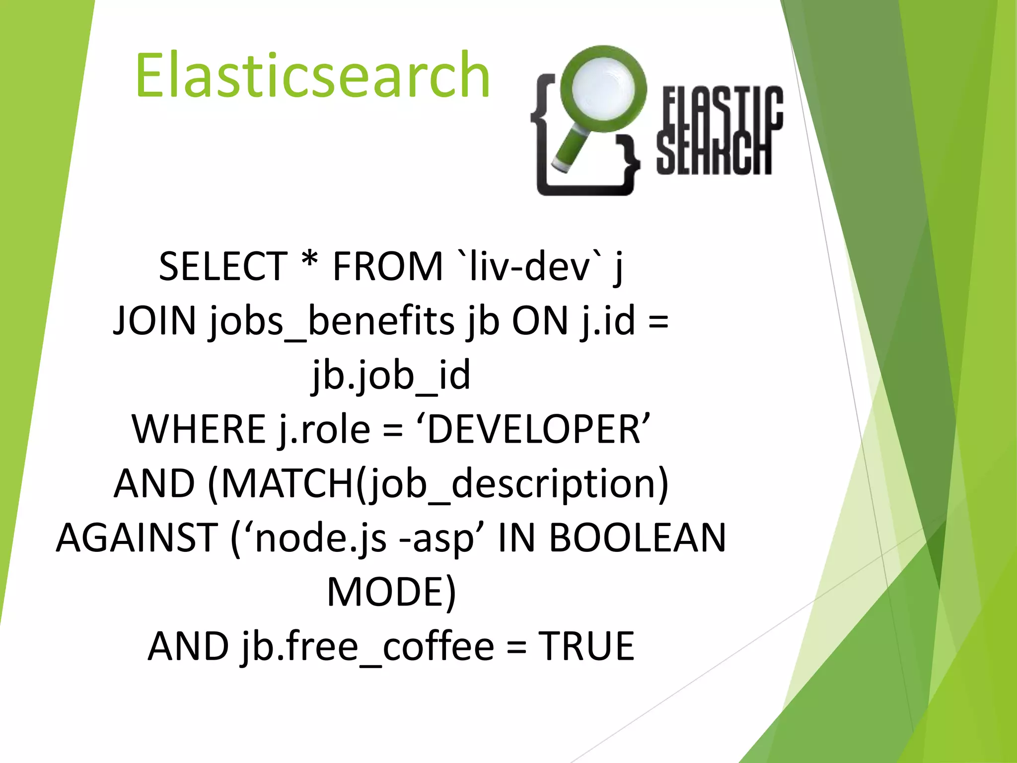 Elasticsearch
SELECT * FROM `liv-dev` j
JOIN jobs_benefits jb ON j.id =
jb.job_id
WHERE j.role = ‘DEVELOPER’
AND (MATCH(job_description)
AGAINST (‘node.js -asp’ IN BOOLEAN
MODE)
AND jb.free_coffee = TRUE
 
