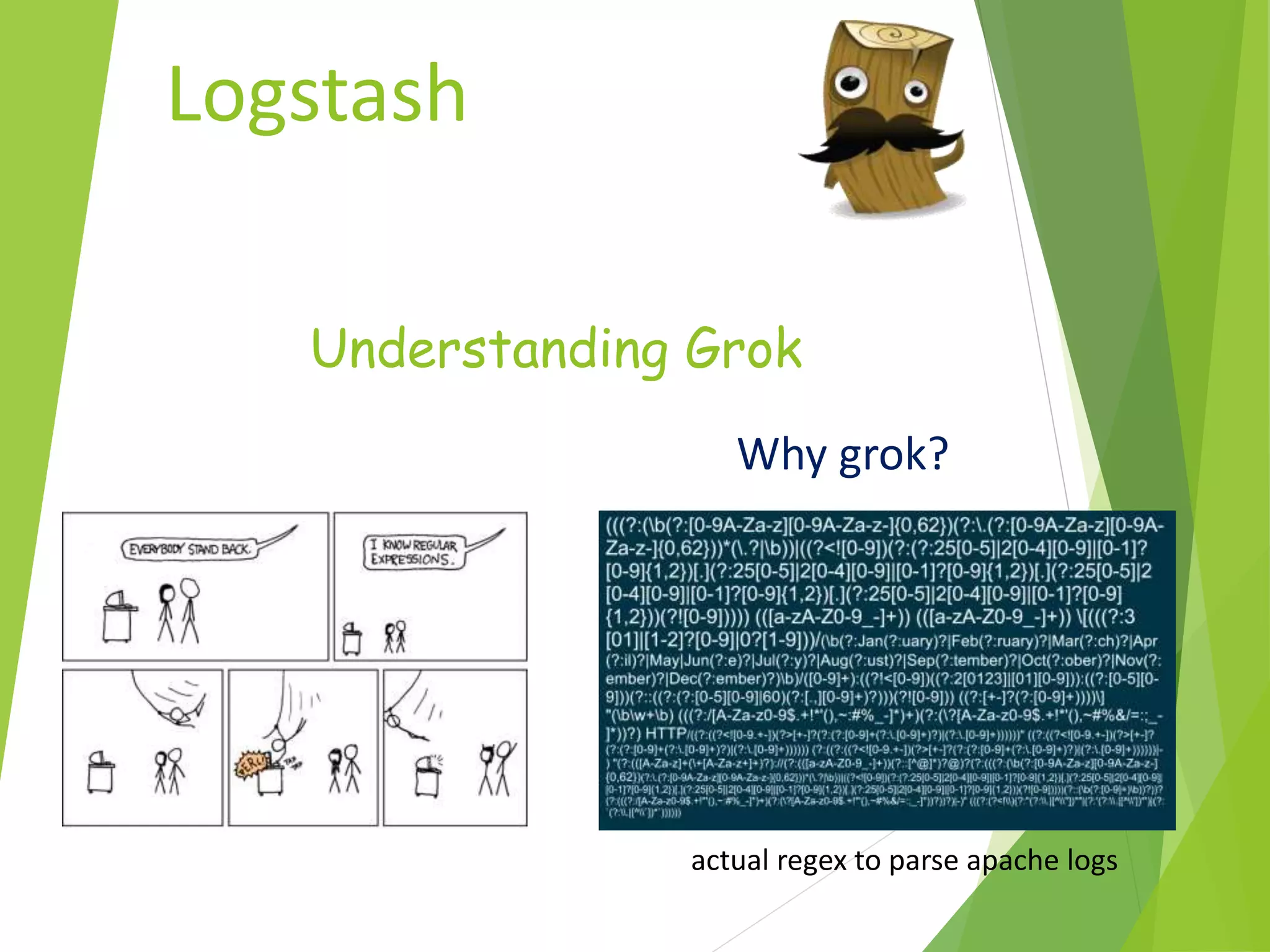Logstash
Understanding Grok
Why grok?
actual regex to parse apache logs
 
