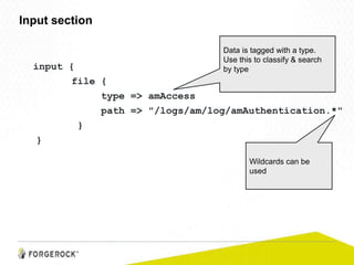input {
file {
type => amAccess
path => "/logs/am/log/amAuthentication.*"
}
}
Input section
Wildcards can be
used
Data is tagged with a type.
Use this to classify & search
by type
 