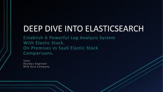 DEEP DIVE INTO ELASTICSEARCH
Establish A Powerful Log Analysis System
With Elastic Stack.
On Premises vs SaaS Elastic Stack
Comparisons.
Tyler
DevOps Engineer
NFQ Asia Company
 