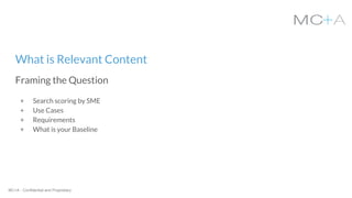 MC+A - Confidential and Proprietary
+ Search scoring by SME
+ Use Cases
+ Requirements
+ What is your Baseline
What is Relevant Content
Framing the Question
 