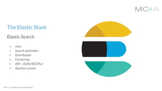 MC+A - Confidential and Proprietary
The Elastic Stack
Elastic Search
+ Java
+ Search and index
+ Distributed
+ Clustering
+ API - JSON/RESTful
+ Apache Lucene
 