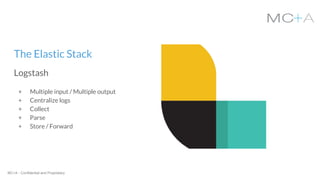 MC+A - Confidential and Proprietary
The Elastic Stack
Logstash
+ Multiple input / Multiple output
+ Centralize logs
+ Collect
+ Parse
+ Store / Forward
 